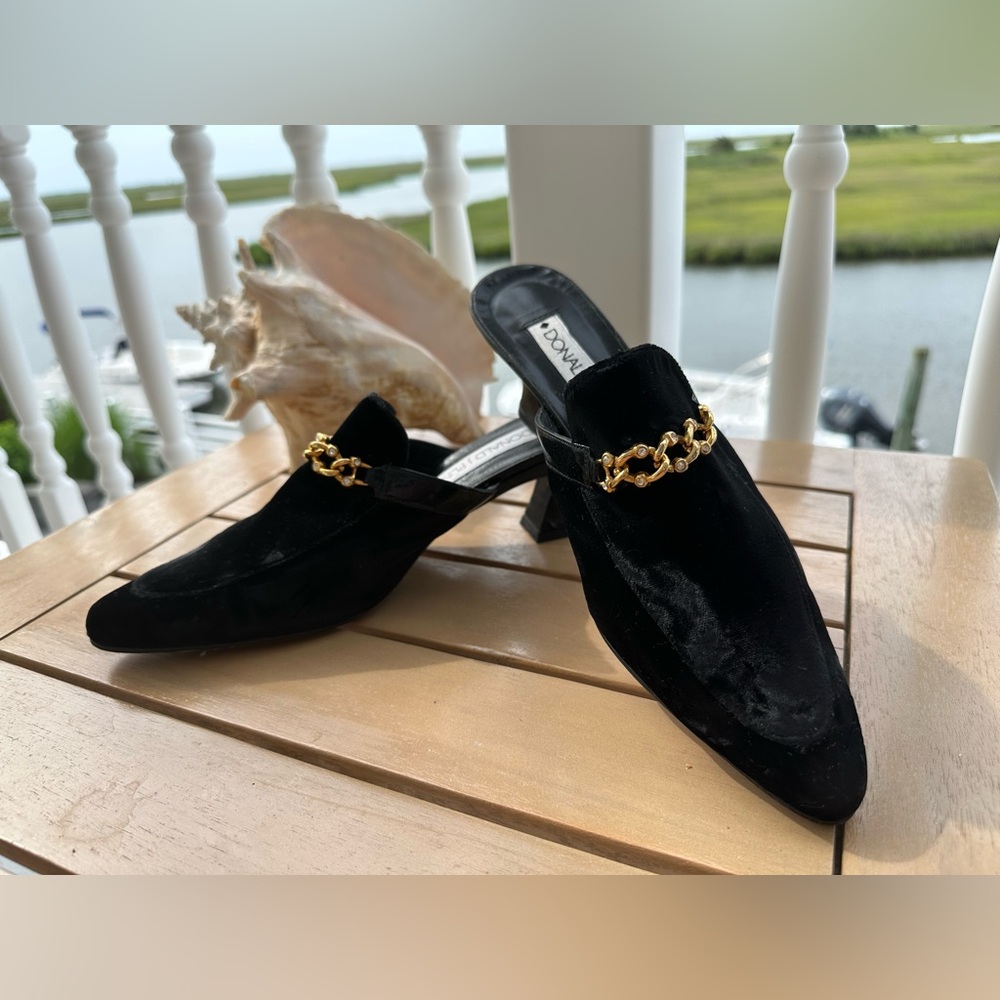 Donald J. Pliner Black and Gold Mules- Velvet, Leather, Size 8